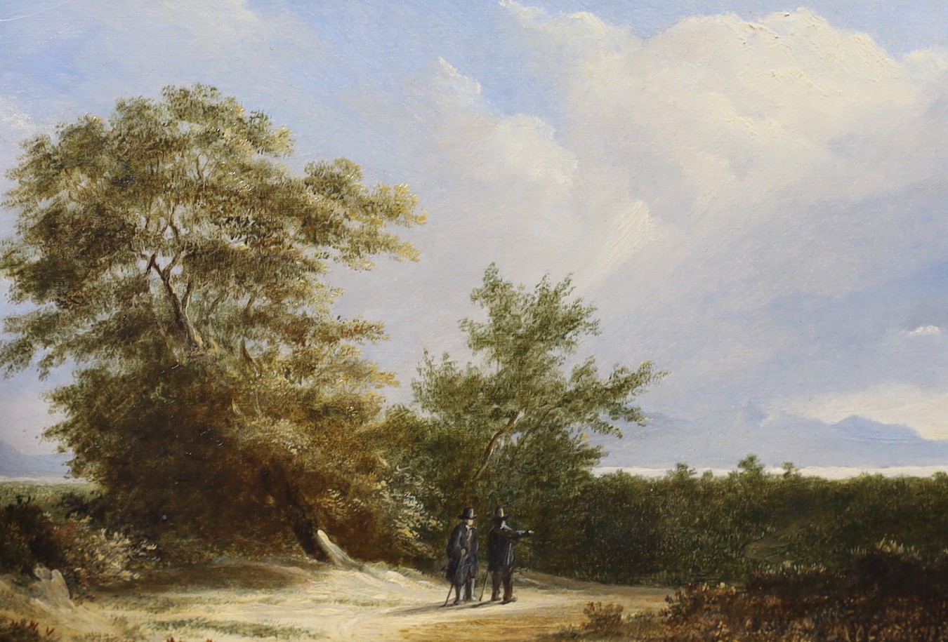 Manner of James Arthur O’Connor (Irish, 1792-1841), Travellers in landscapes, Oil on wooden panel, a pair, 14 x 19cm
